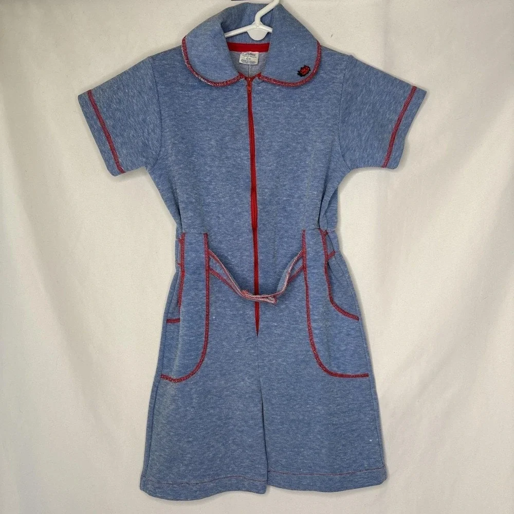 Vtg Carters 6x Chambray Blue 1 Pc Romper Kidcore Retro Utility Play Workwear